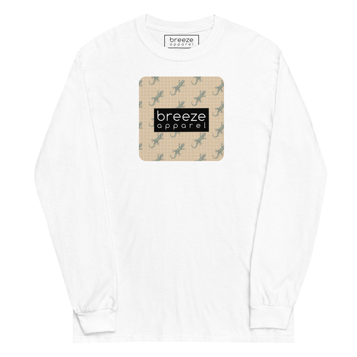 White, long-sleeved shirt with square over chest that contains pattern of green geckos set on beige background, overlaid with black, rectangular logo with white lettering.