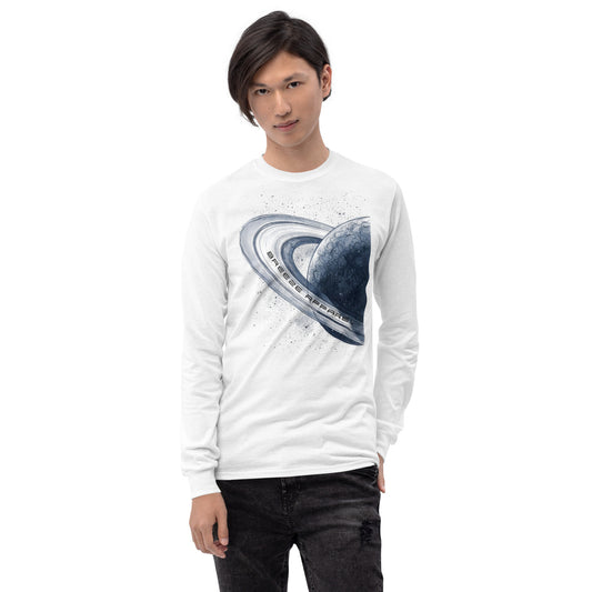 Man wearing white, long-sleeved shirt with graphic of blue planet.