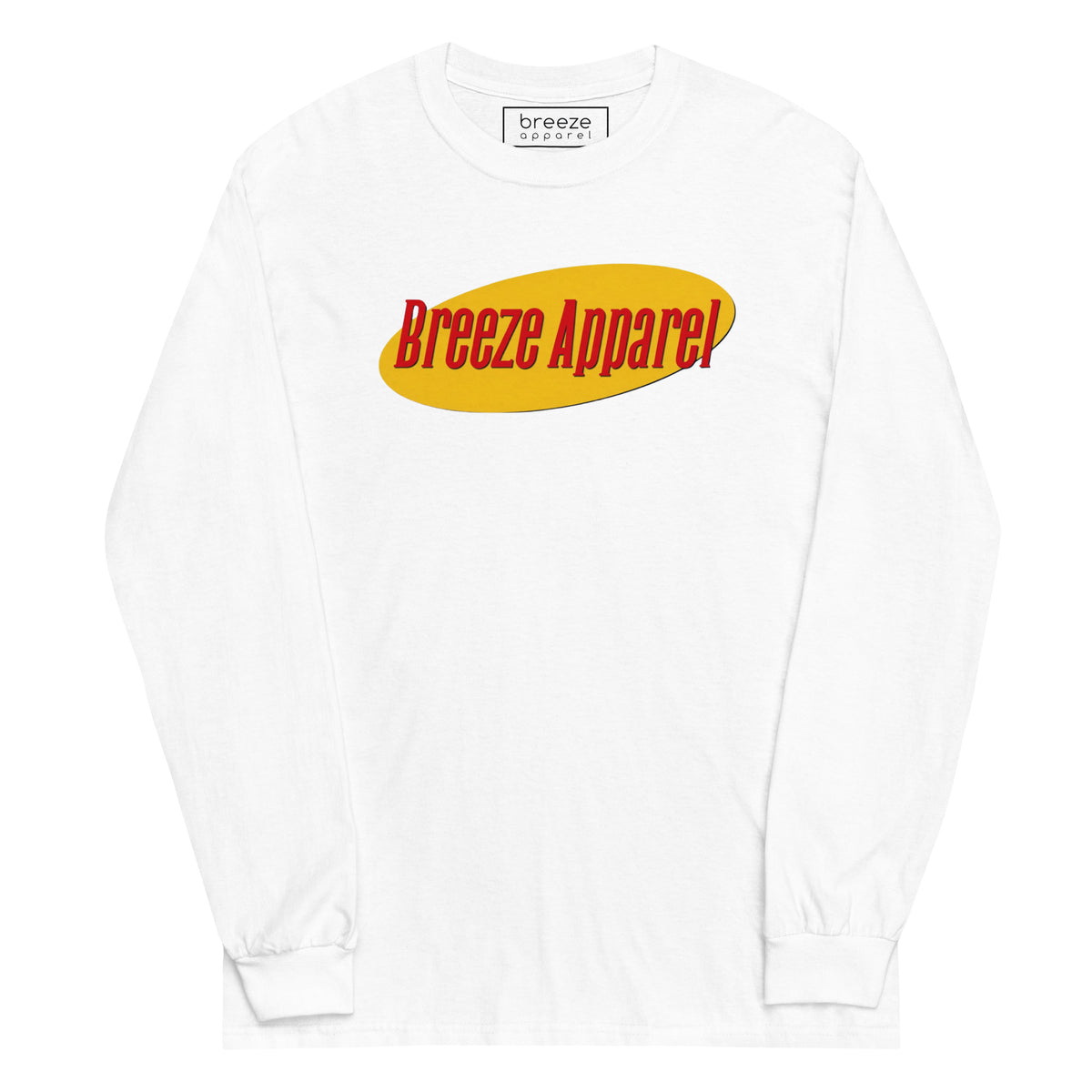 White long-sleeved shirt with graphic of "Breeze Apparel" in red lettering set on a yellow oval.