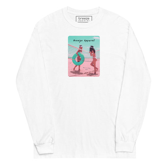White long-sleeved shirt with colorful graphic of two women on the beach.