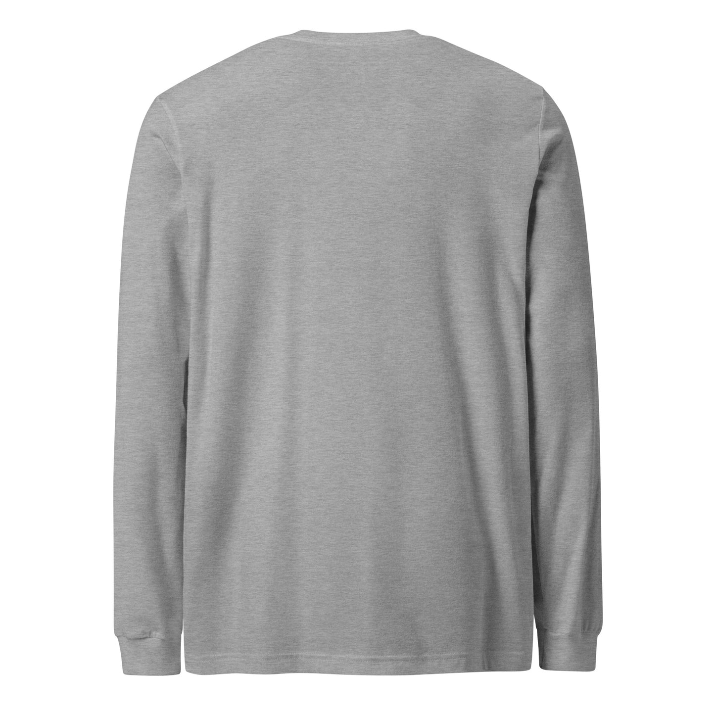 Plain back of gray long-sleeved shirt.