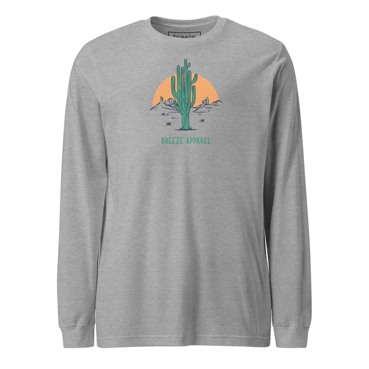 Athletic-heather-gray long-sleeved shirt with a graphic of a cactus and sunset, with 'Breeze Apparel' written in green below.