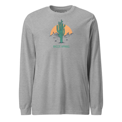 Athletic-heather-gray long-sleeved shirt with a graphic of a cactus and sunset, with 'Breeze Apparel' written in green below.