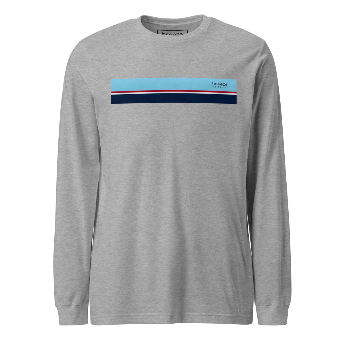 Athletic-heather long-sleeved shirt with horizontal blue, red, white, and navy stripe with small black 'breeze apparel' logo