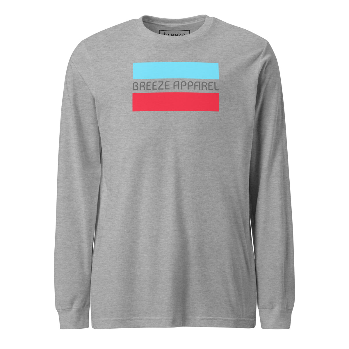 Athletic-heather-gray long-sleeved shirt with gray 'Breeze Apparel' logo between horizontal bars, the top being light blue and the bottom being red