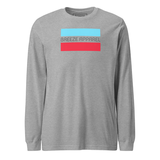 Athletic-heather-gray long-sleeved shirt with gray 'Breeze Apparel' logo between horizontal bars, the top being light blue and the bottom being red