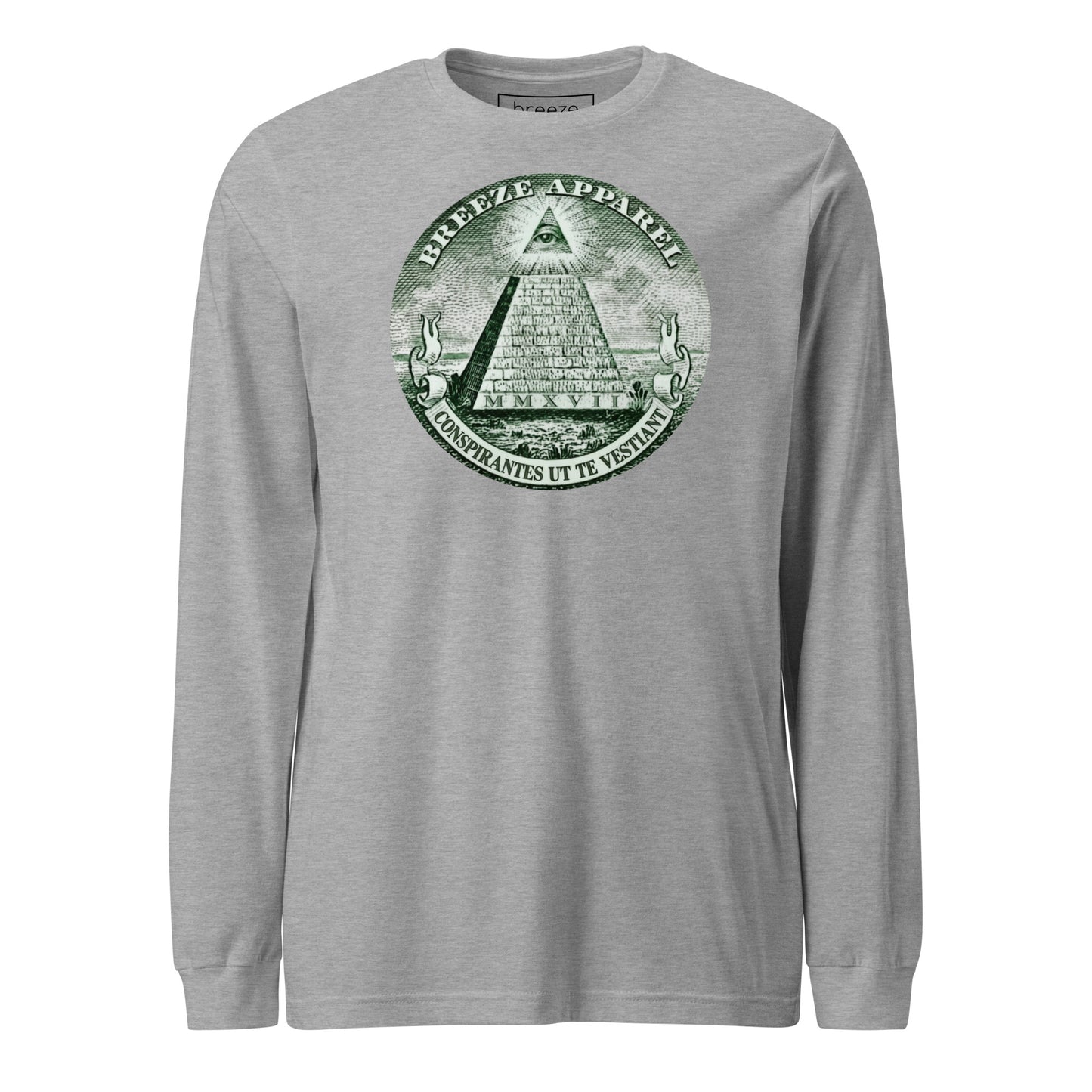 Gray, long-sleeved shirt with graphic resembling pyramid from US one-dollar bill.