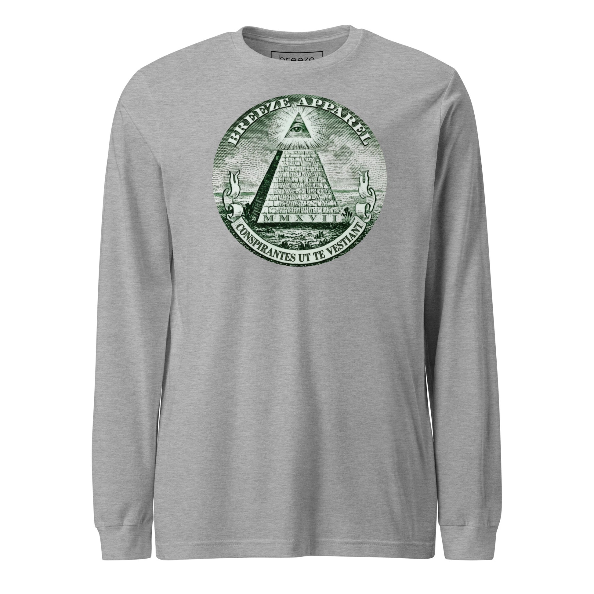 Gray, long-sleeved shirt with graphic resembling pyramid from US one-dollar bill.