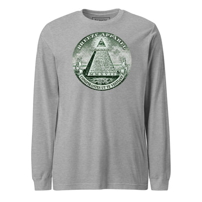 Gray, long-sleeved shirt with graphic resembling pyramid from US one-dollar bill.
