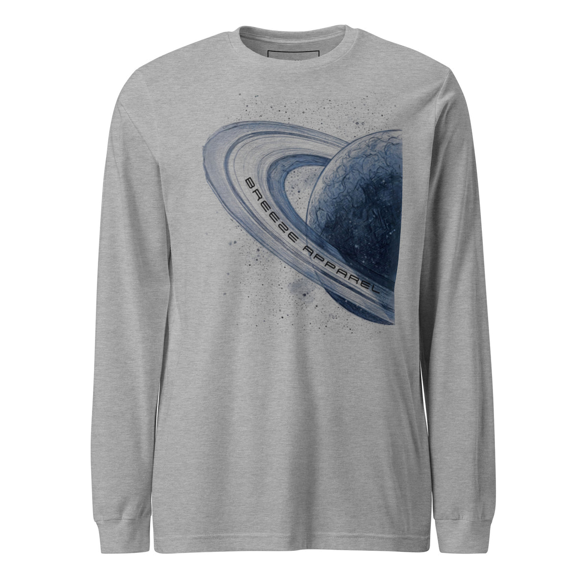 Gray, long-sleeved shirt with graphic of blue planet.