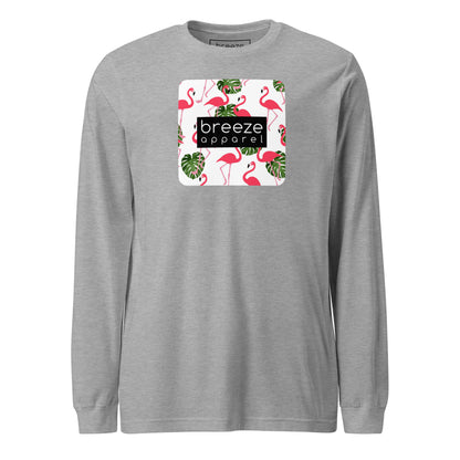 Gray long-sleeved shirt with pattern of flamingos inside of a square, overlaid with a black box with 'breeze apparel' in white inside.