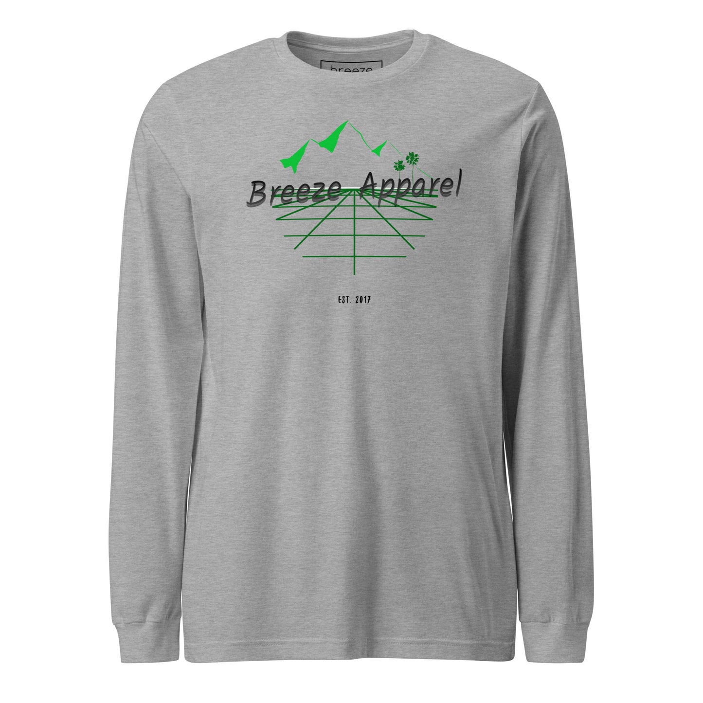 Gray long-sleeved shirt with graphic containing logo, mountains, and palms.