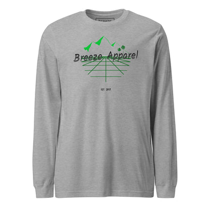 Gray long-sleeved shirt with graphic containing logo, mountains, and palms.