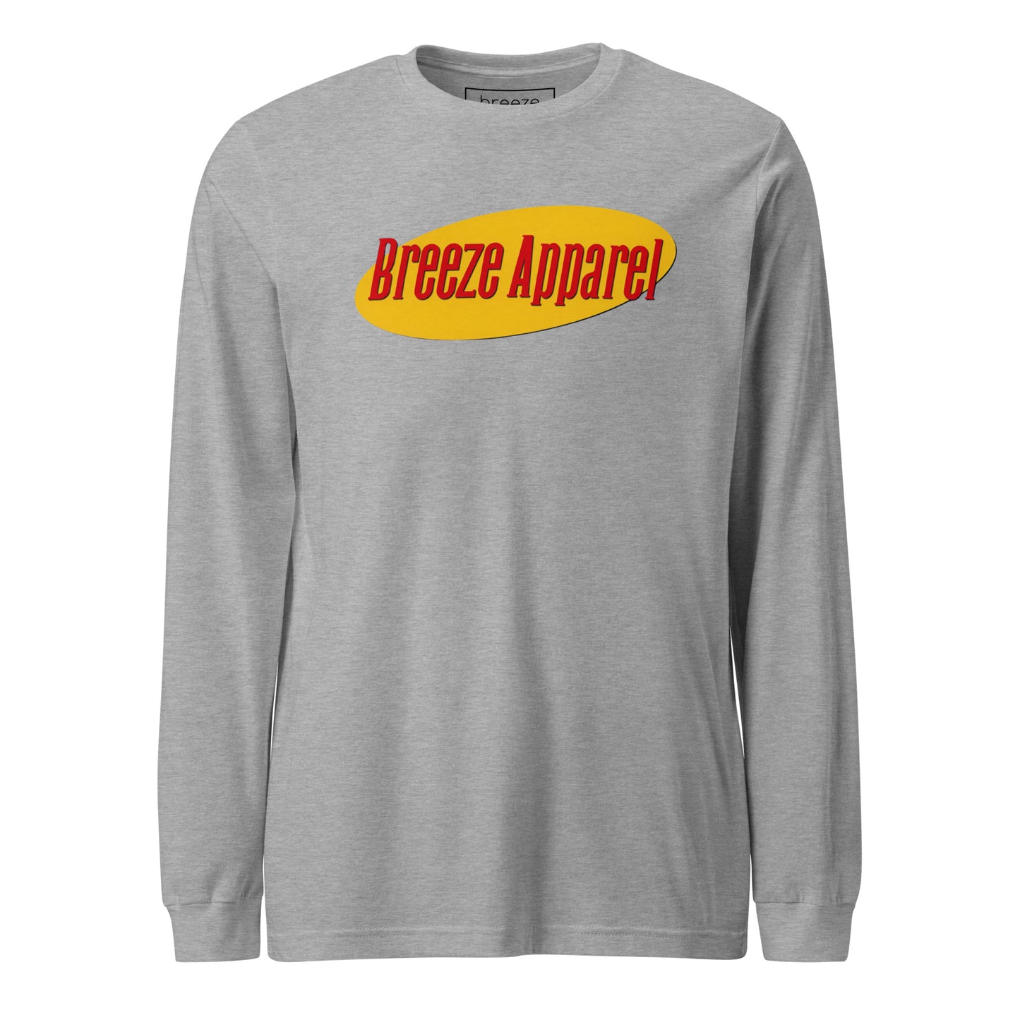 Gray long-sleeved shirt with graphic of "Breeze Apparel" in red set on a yellow oval.