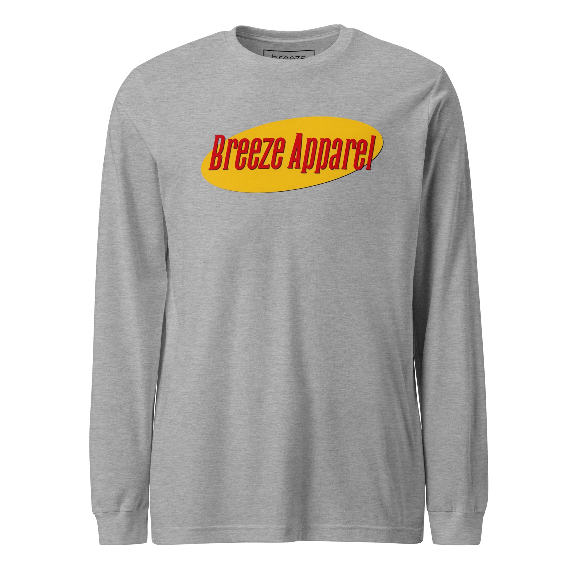Gray long-sleeved shirt with graphic of "Breeze Apparel" in red set on a yellow oval.