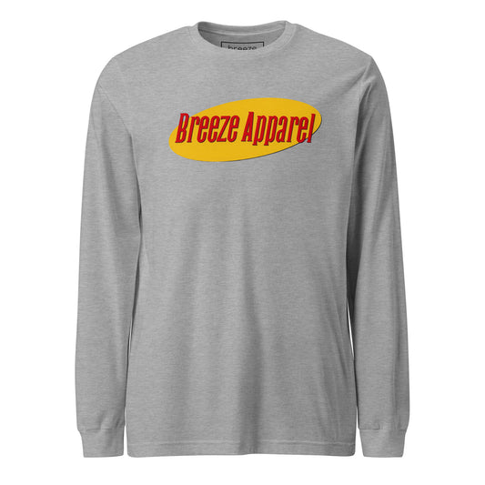 Gray long-sleeved shirt with graphic of "Breeze Apparel" in red set on a yellow oval.