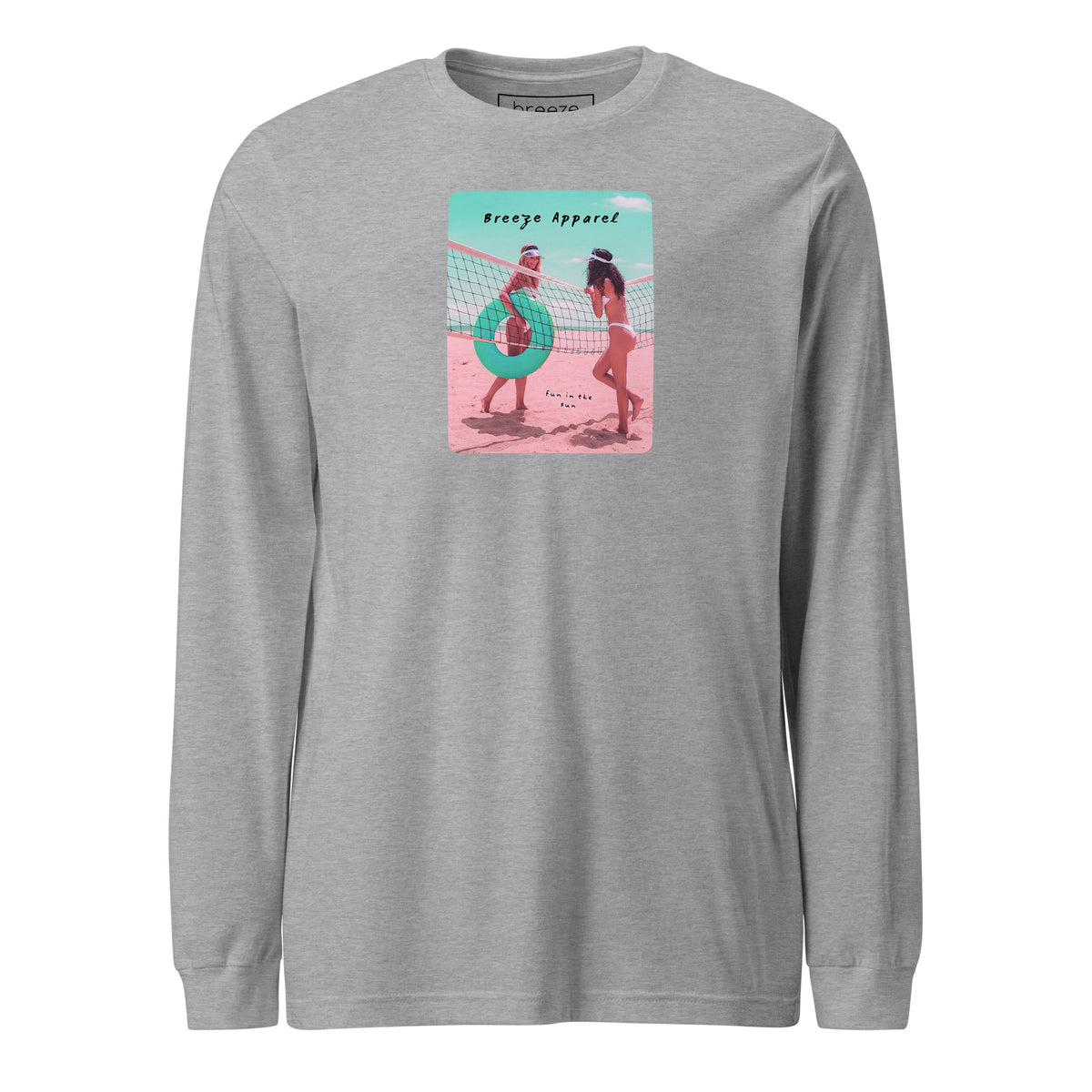 Gray long-sleeved shirt with colorful graphic of two women on the beach.