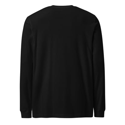 Plain back of black, long-sleeved shirt.