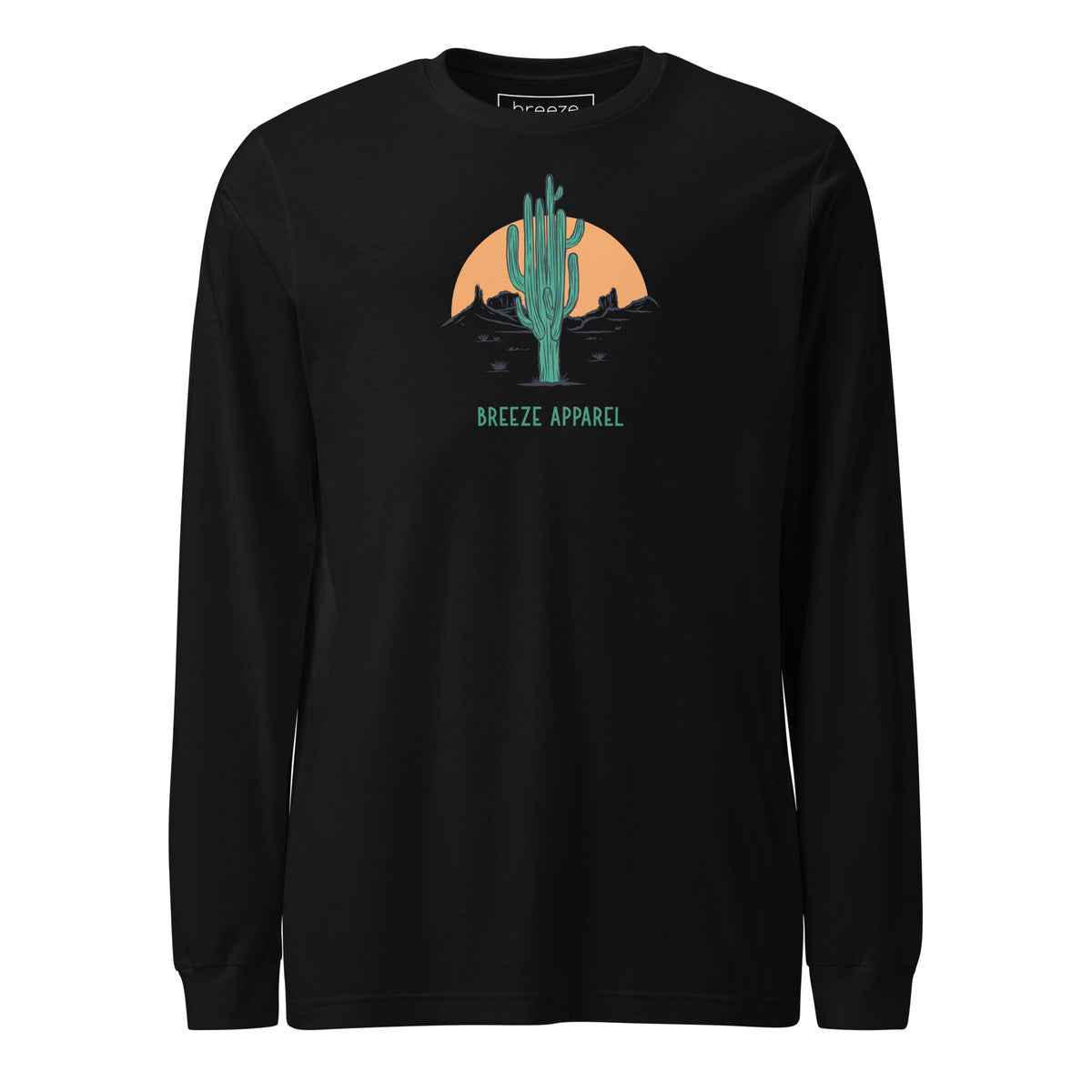 Black long-sleeved shirt with a graphic of a cactus and sunset, with 'Breeze Apparel' written in green below.