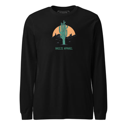 Black long-sleeved shirt with a graphic of a cactus and sunset, with 'Breeze Apparel' written in green below.