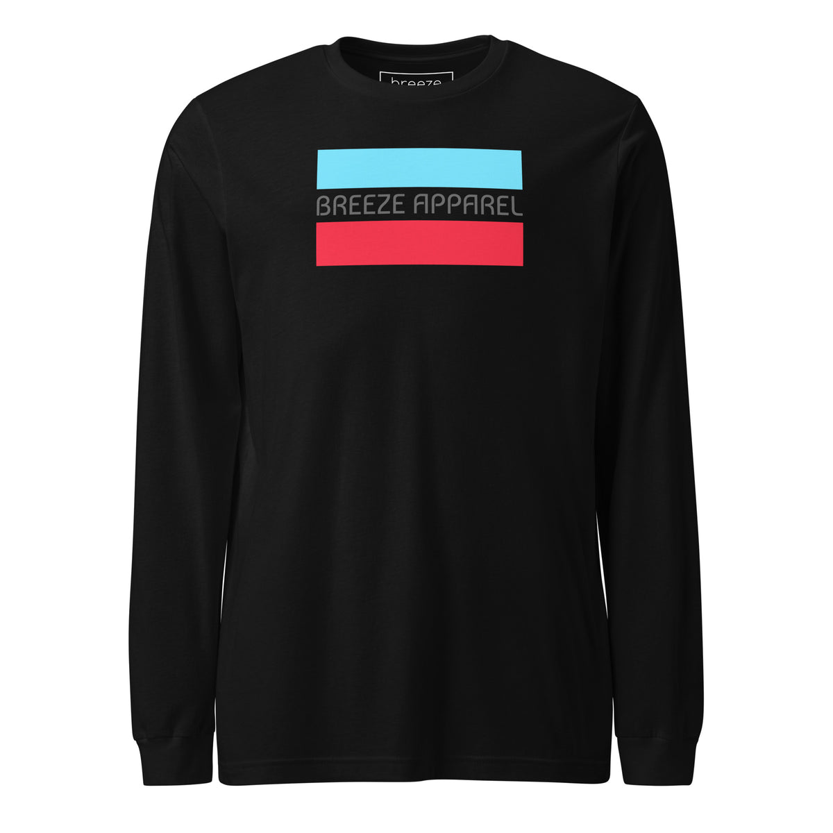 Black long-sleeved shirt with gray 'Breeze Apparel' logo between horizontal bars, the top being light blue and the bottom being red