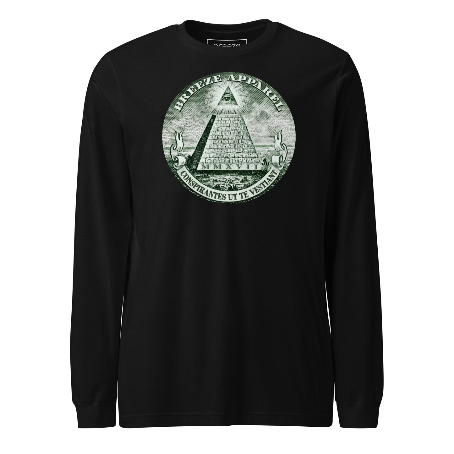 Black, long-sleeved shirt with graphic resembling pyramid from US one-dollar bill.