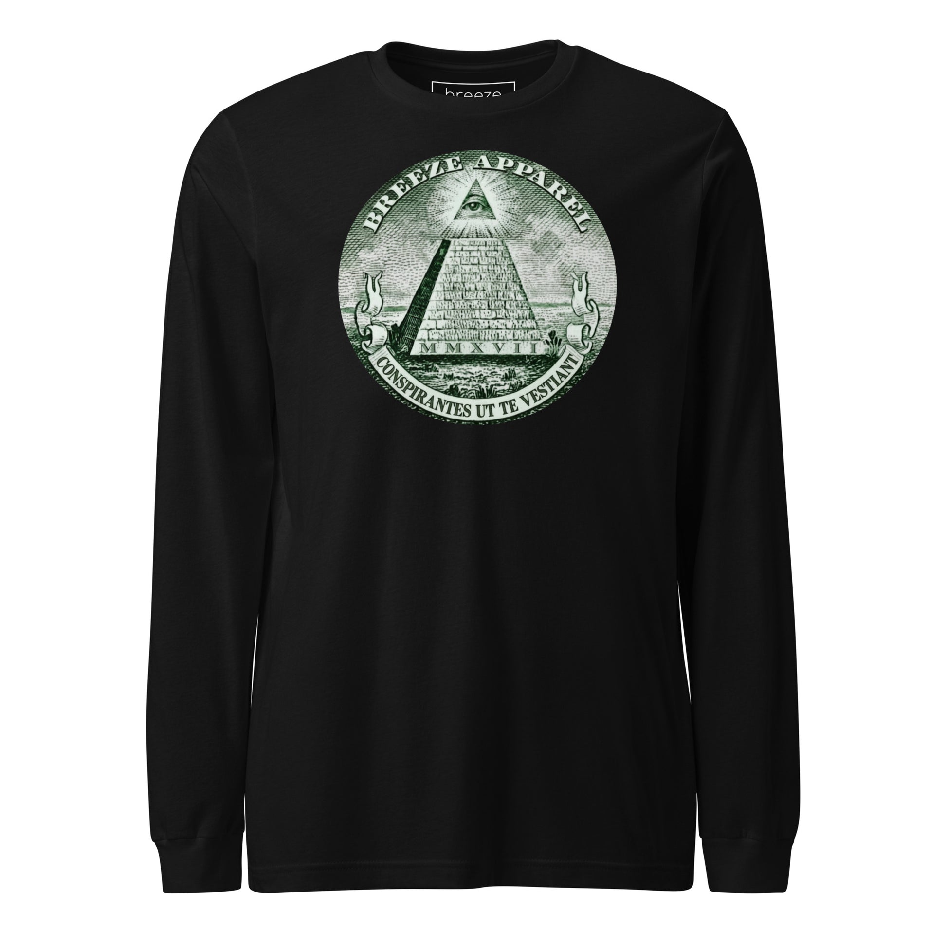 Black, long-sleeved shirt with graphic resembling pyramid from US one-dollar bill.