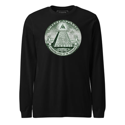 Black, long-sleeved shirt with graphic resembling pyramid from US one-dollar bill.