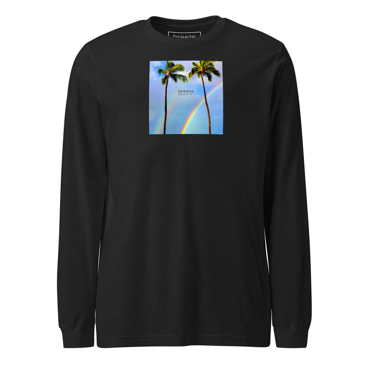 Black-heather long-sleeved shirt with a graphic of palm trees, rainbow, and a clear blue sky in the background. A small, black 'breeze apparel' logo is between the trees.