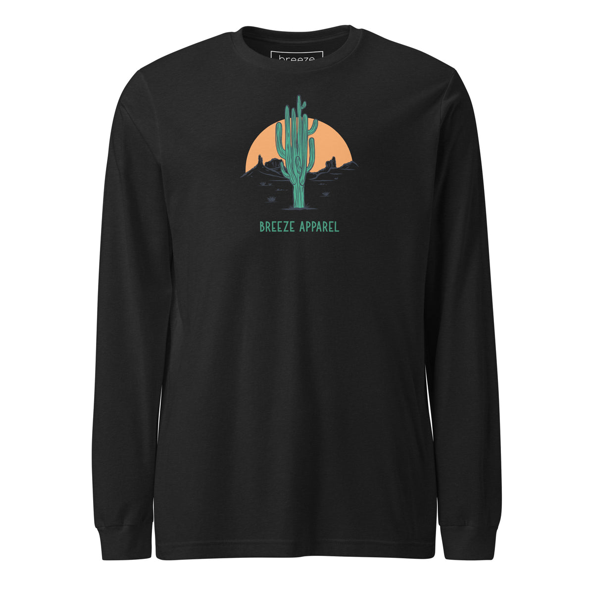 Black-heather long-sleeved shirt with a graphic of a cactus and sunset, with 'Breeze Apparel' written in green below.