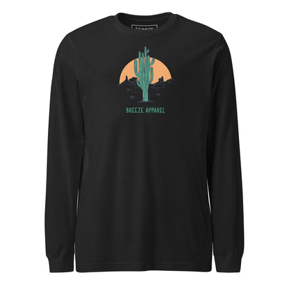 Black-heather long-sleeved shirt with a graphic of a cactus and sunset, with 'Breeze Apparel' written in green below.