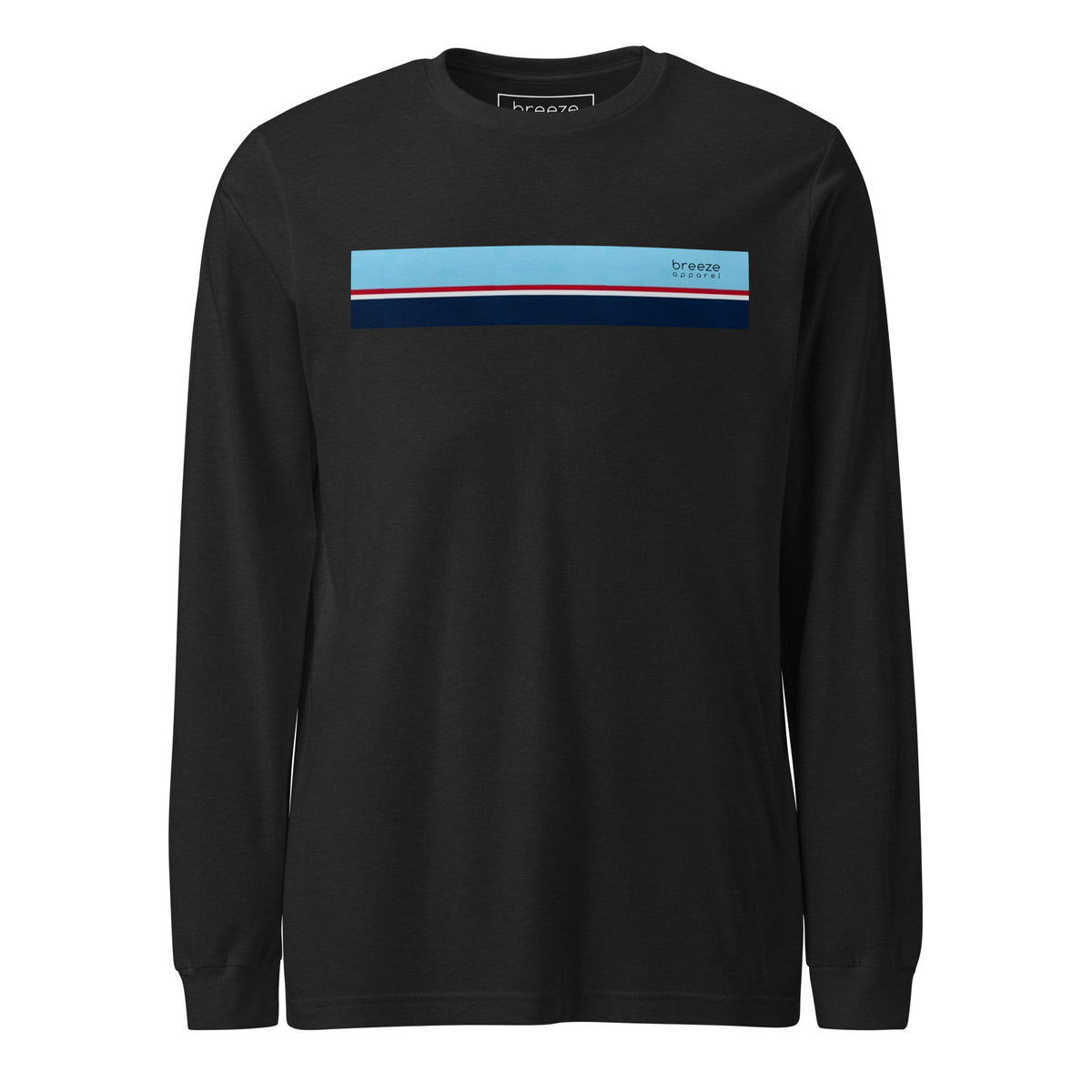 Black-heather long-sleeved shirt with horizontal blue, red, white, and navy stripe with small black 'breeze apparel' logo