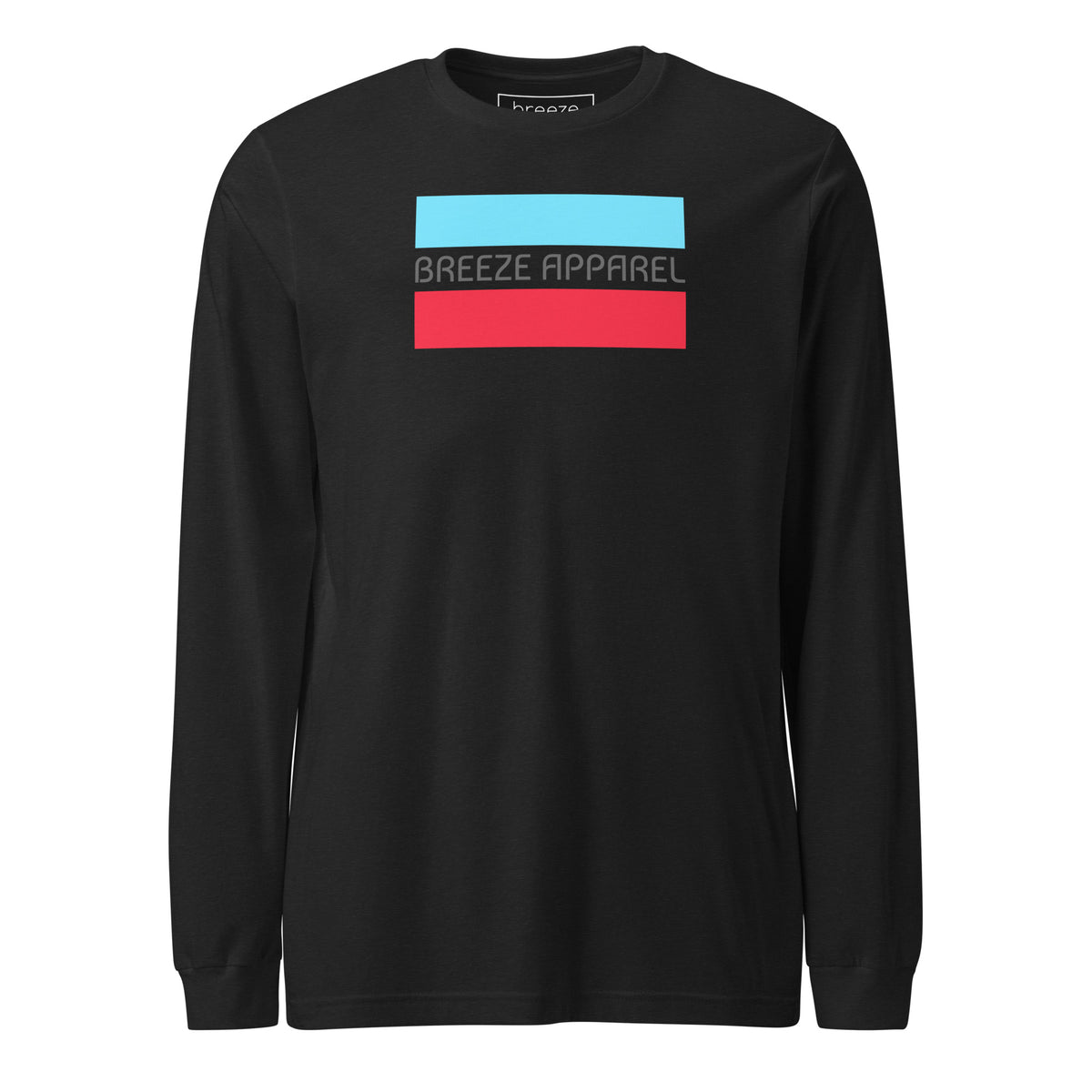 Black-heather long-sleeved shirt with gray 'Breeze Apparel' logo between horizontal bars, the top being light blue and the bottom being red