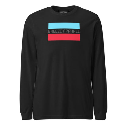 Black-heather long-sleeved shirt with gray 'Breeze Apparel' logo between horizontal bars, the top being light blue and the bottom being red
