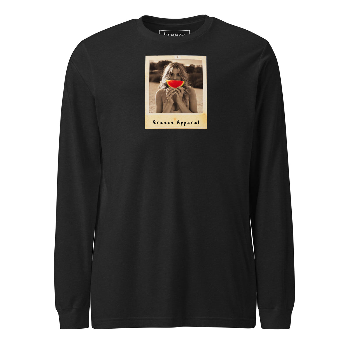 Black long-sleeved shirt with graphic of woman holding a watermelon slice in front of her mouth.