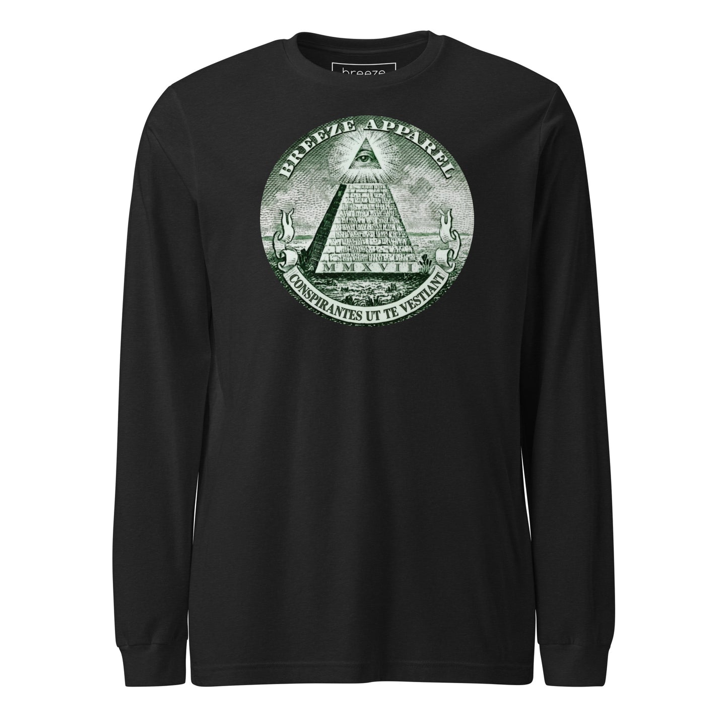 Black, long-sleeved shirt with graphic resembling pyramid from US one-dollar bill.