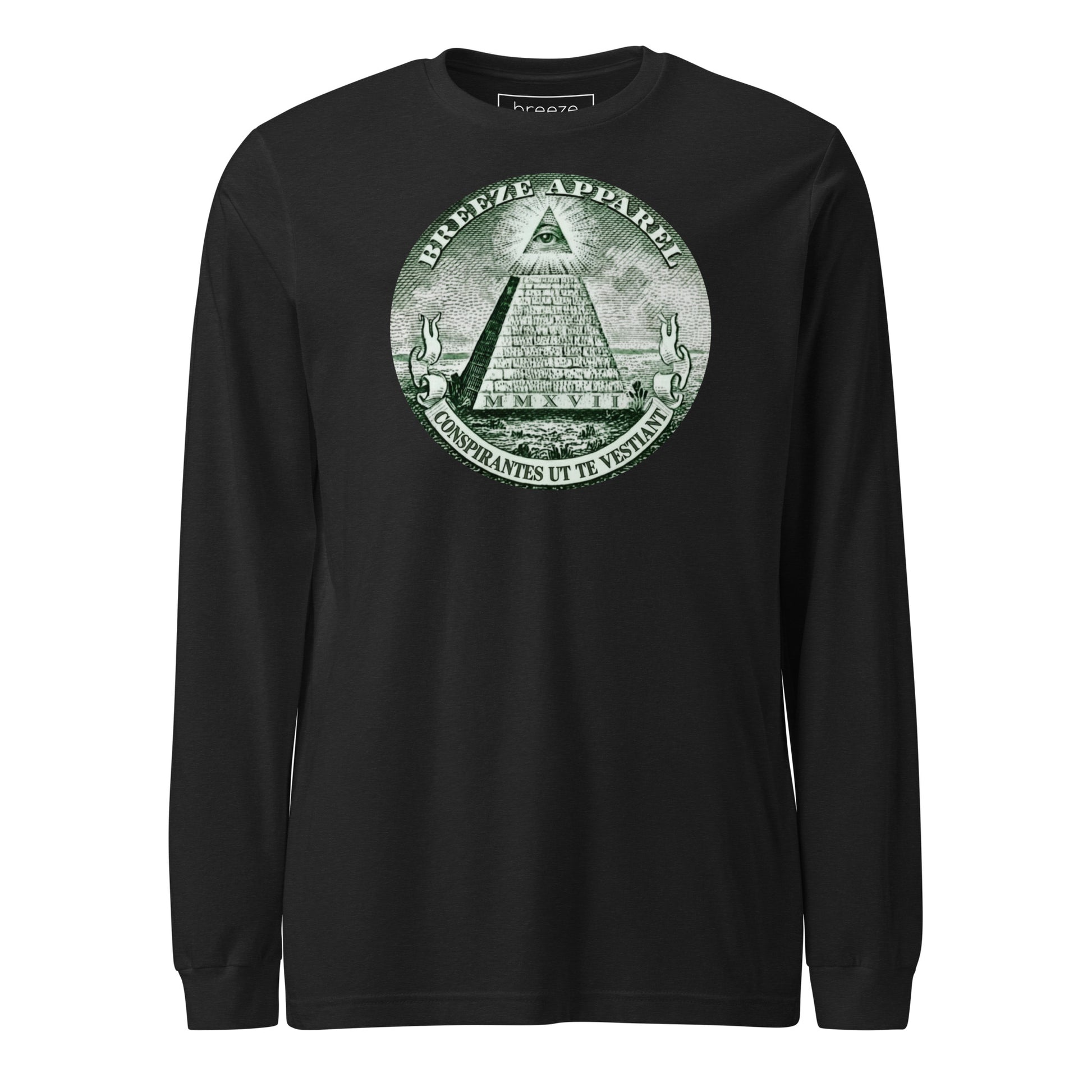 Black, long-sleeved shirt with graphic resembling pyramid from US one-dollar bill.