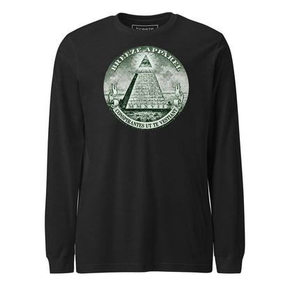 Black, long-sleeved shirt with graphic resembling pyramid from US one-dollar bill.