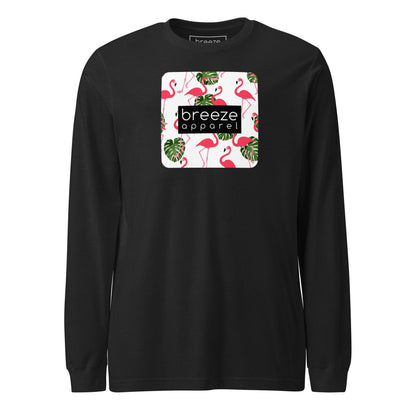 Black long-sleeved shirt with pattern of flamingos inside of a square, overlaid with a black box with 'breeze apparel' in white inside.