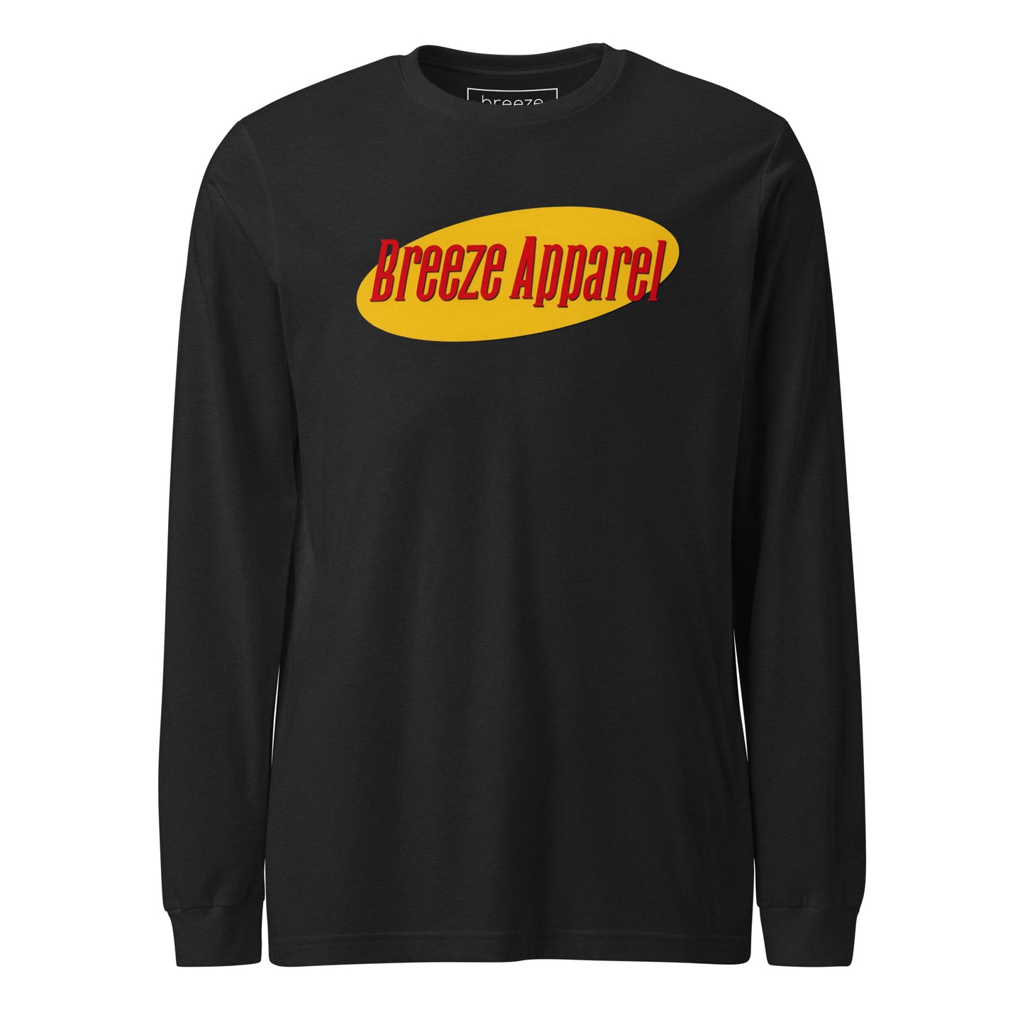 Black long-sleeved shirt with graphic of "Breeze Apparel" in red set on a yellow oval.