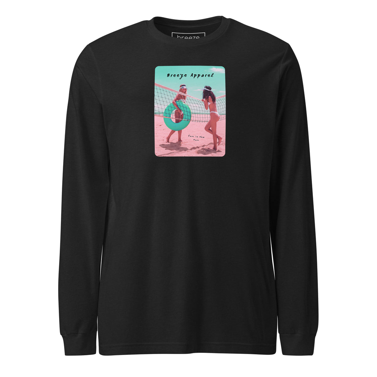 Black long-sleeved shirt with colorful graphic of two women on the beach.