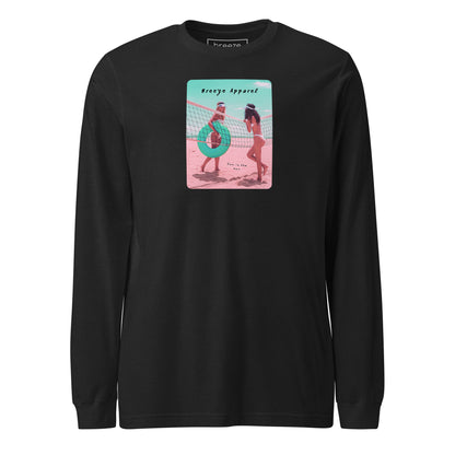 Black long-sleeved shirt with colorful graphic of two women on the beach.