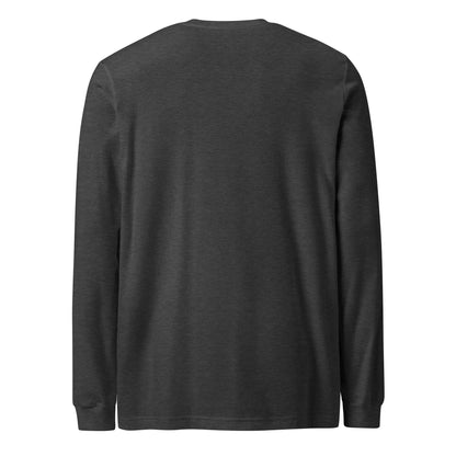 Plain back of gray, long-sleeved shirt.