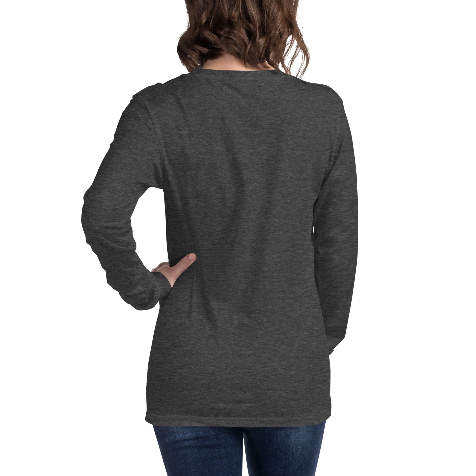 Rear view of woman wearing gray, long-sleeved shirt.