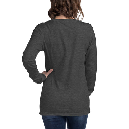 Rear view of woman wearing gray, long-sleeved shirt.