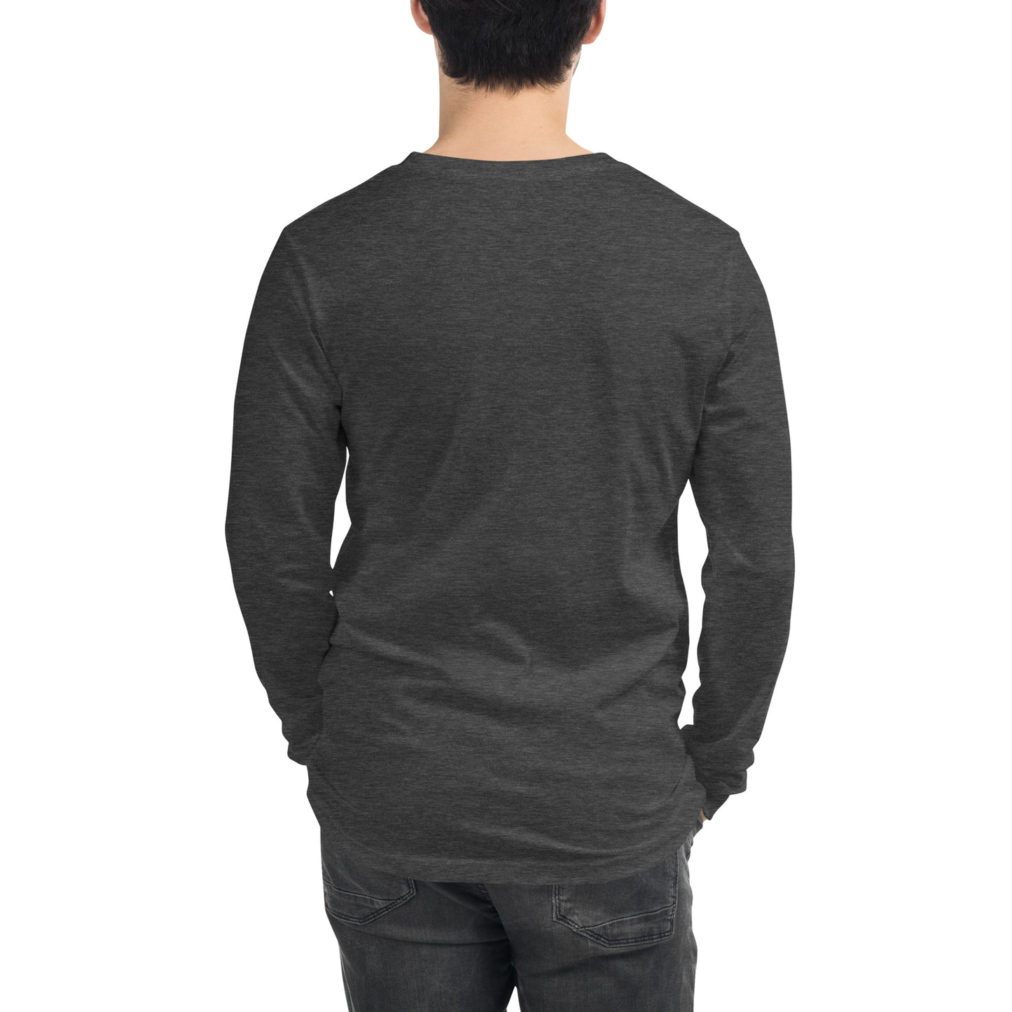 Rear view of man wearing gray, long-sleeved shirt.