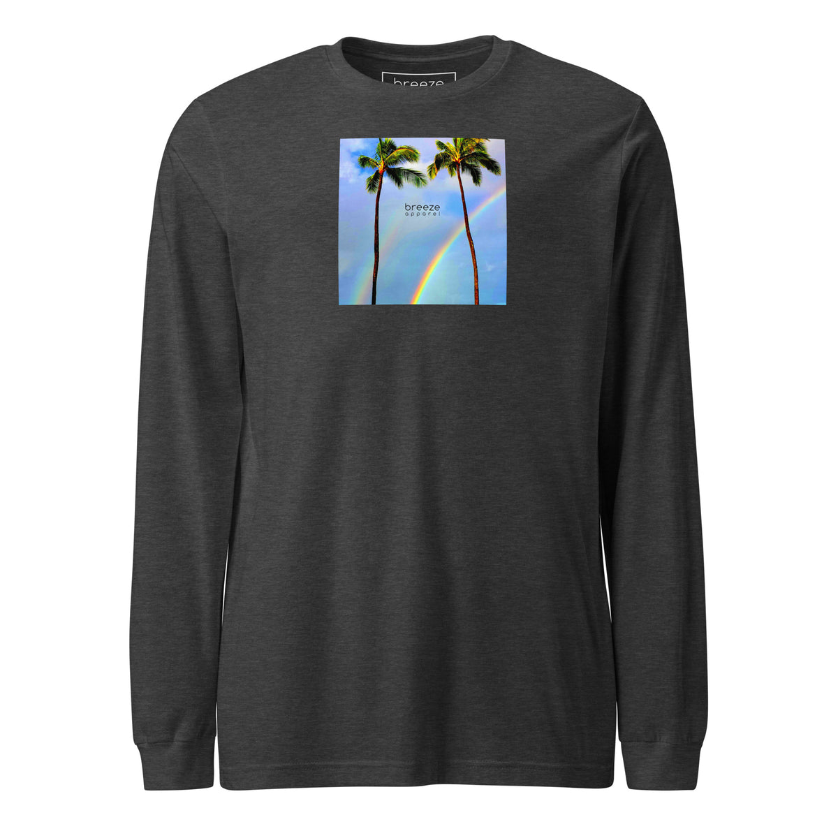 Dark-gray-heather long-sleeved shirt with a graphic of palm trees, rainbow, and a clear blue sky in the background. A small, black 'breeze apparel' logo is between the trees.
