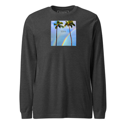 Dark-gray-heather long-sleeved shirt with a graphic of palm trees, rainbow, and a clear blue sky in the background. A small, black 'breeze apparel' logo is between the trees.
