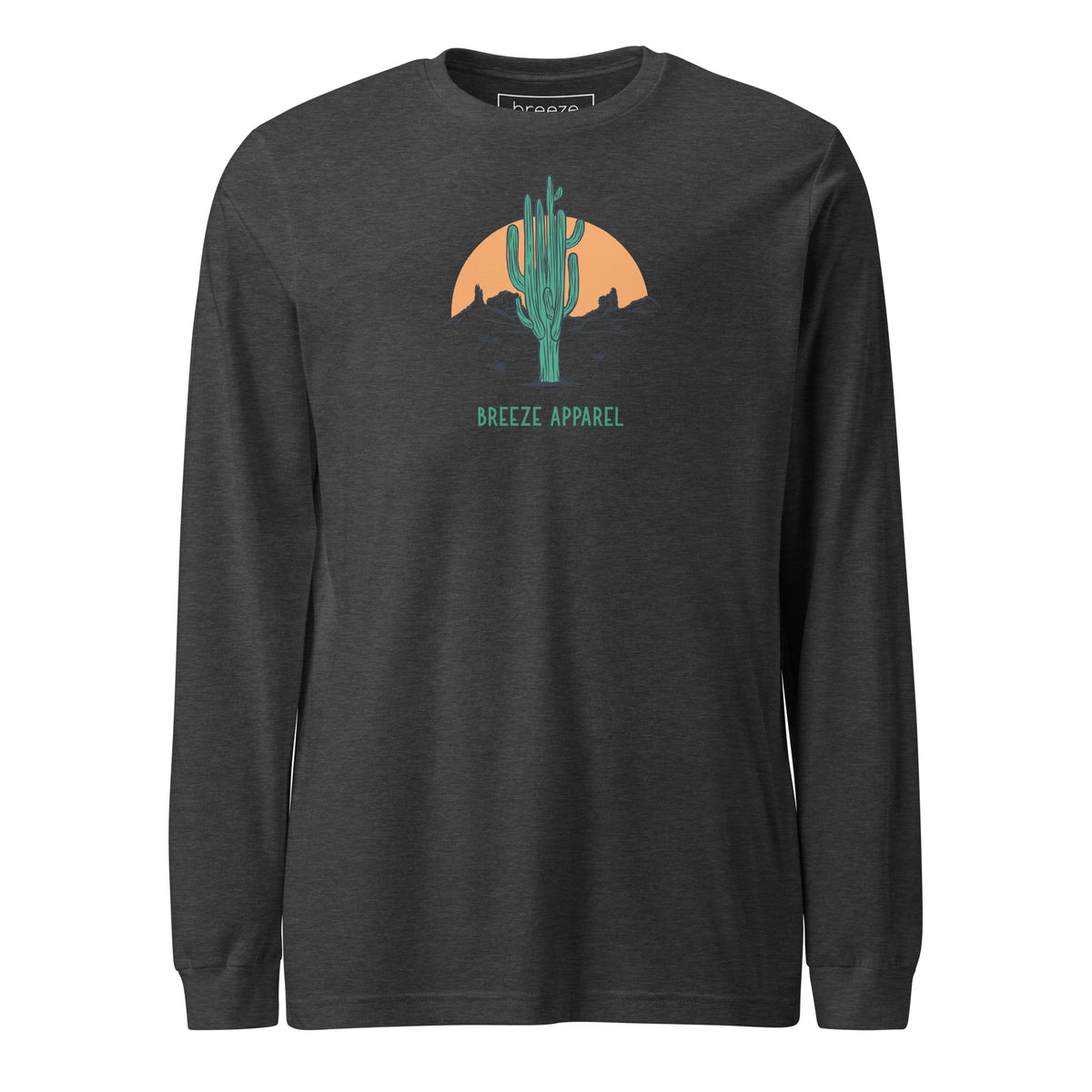Dark-gray-heather long-sleeved shirt with a graphic of a cactus and sunset, with 'Breeze Apparel' written in green below.