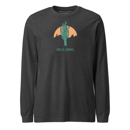 Dark-gray-heather long-sleeved shirt with a graphic of a cactus and sunset, with 'Breeze Apparel' written in green below.